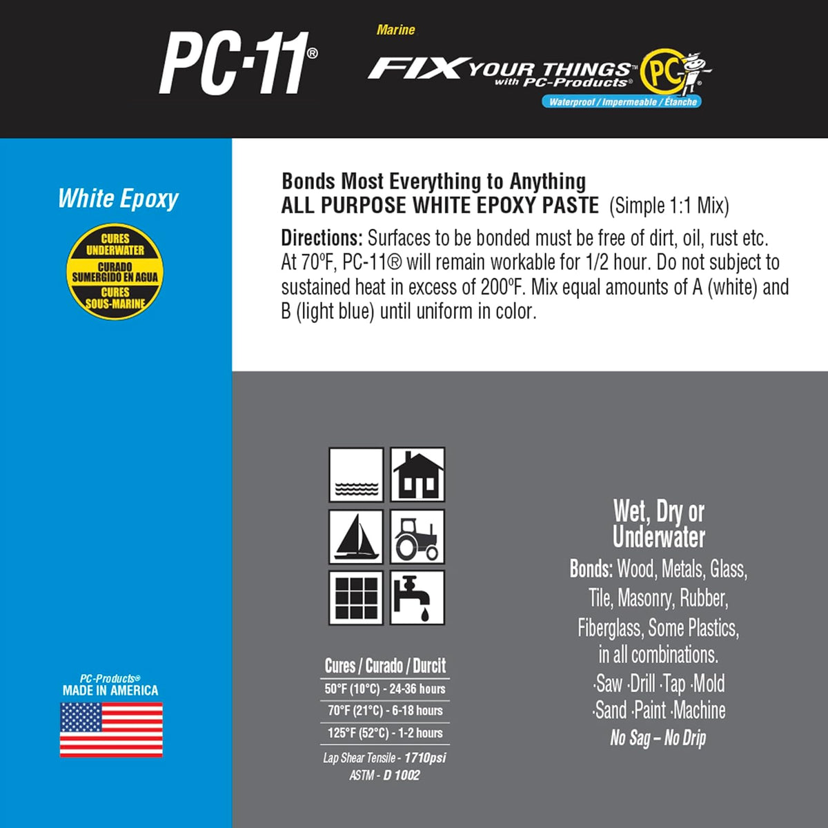 PC-Products PC-11 Pasta adhesiva epoxi de dos partes, grado marino, 1 libra en dos latas, blanco roto 160114