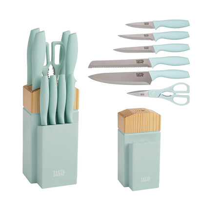 Tasty Juego de cuchillos de cocina con bloque, juego de cubiertos incluye chef, pan, utilidad, pelar, cuchillos y tijeras de carne, 10 piezas, aguamarina