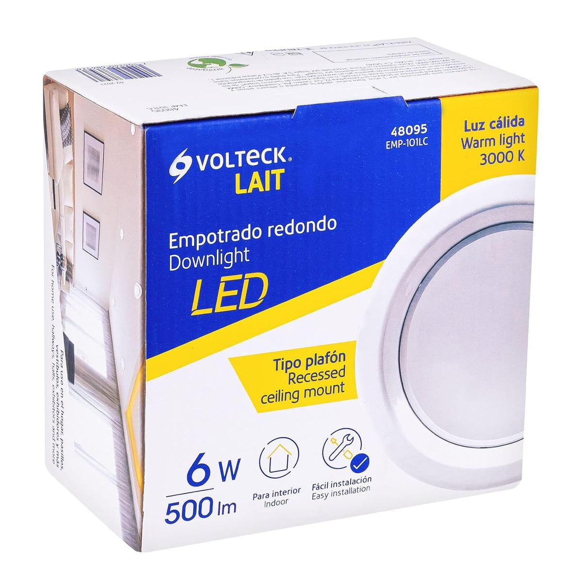 Volteck Lait EMP-101LC, Luminario LED empotrable de 6 W, luz blanca cálida 3000K, redondo, color blanco
