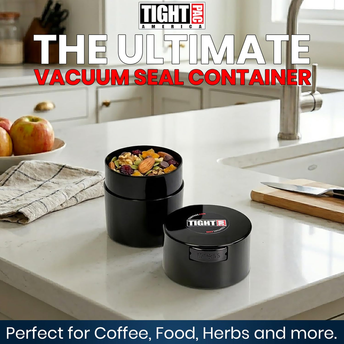 Tightvac – 14 g a 85 g hermético, multiusos, Sello de vacío, contenedor de almacenamiento portátil para artículos secos, comida, y hierbas, Negro sólido, .29-Liter/9-Fluid Ounce, 1