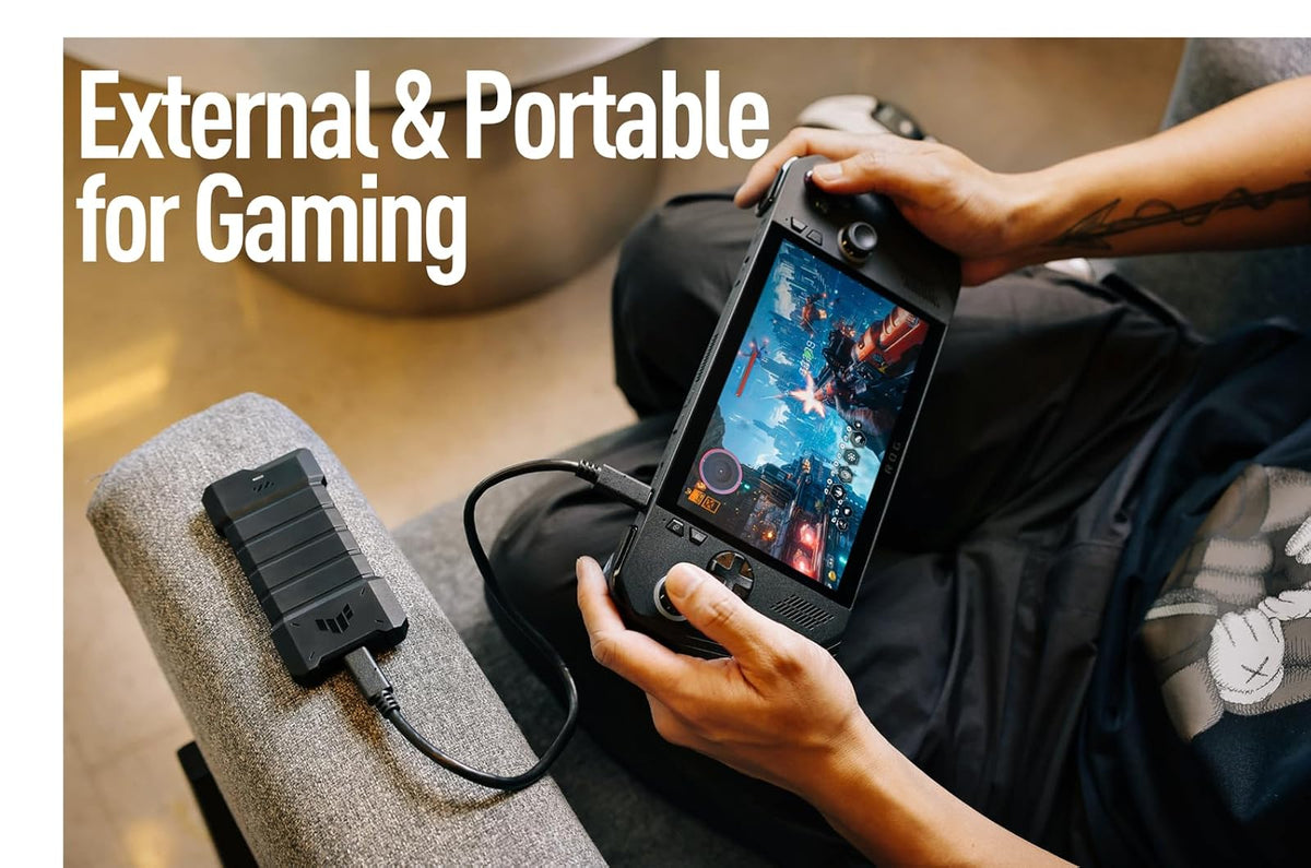 ASUS TUF Gaming A1 - Carcasa Externa M.2 NVMe SATA PCIe SSD - USB-C, M.2 Q-Latch para una fácil instalación, Resistencia a caídas, Resistencia al Agua y Polvo IP68, Soporte para PS5 y Xbox, Negro