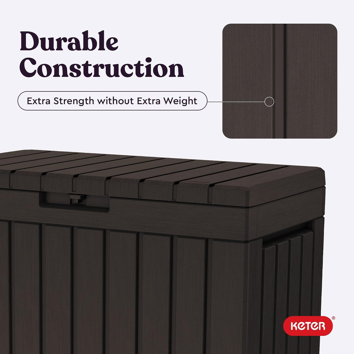 Keter Kentwood - Caja de resina de 50 galones para organizar y almacenar cojines de patio, almohadas y herramientas de jardín, color café