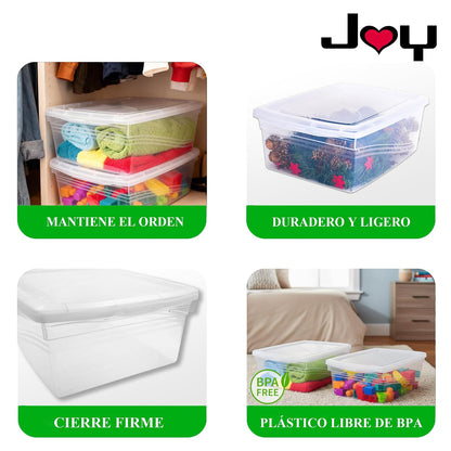 J Y Joy - Caja de Almacenamiento 21 litros, Pack de 2, para Organizar Armario, Juguetes, Ropa, con Cierre Click! y Agarraderas Reforzadas, Plástico Libre de BPA, Transparente