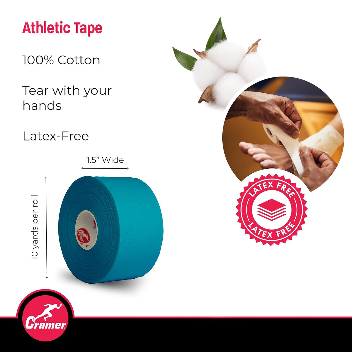 Cramer Cinta atlética, fácil de desgarrar, Cinta para Tobillo, muñeca, y Lesiones, Protege y Evita daños, promueve la curación, Suministros de Entrenamiento atlético, Rollo de 3.81 cm x 9 m