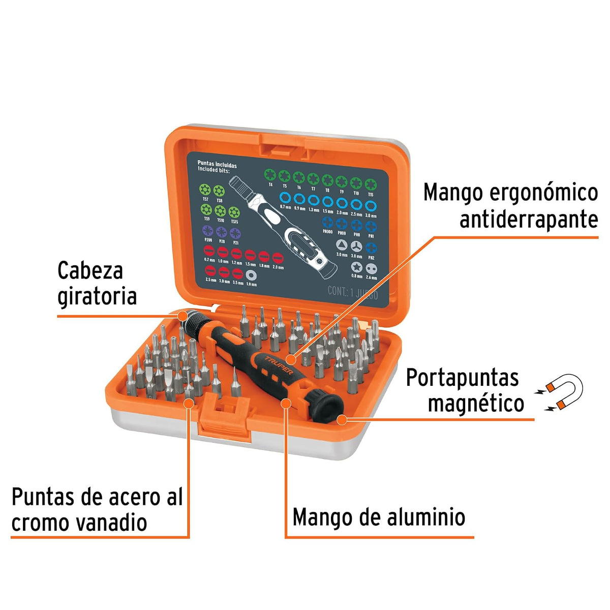 TRUPER JOY-43, Juego desarmadores de joyero, punta intercambiable, 42 pzas