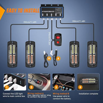 Nilight - 4 luces LED estroboscópicas de 12 V, 24 V, función de sincronización, color rojo, blanco, 24 LED, luces de advertencia de peligro de emergencia con driver de cable duro o enchufe de