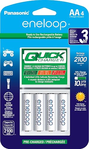 Cargador rápido Panasonic eneloop con 4 pilas recargables, AA | 4 pilas recargables AA, cargador rápido de 3 horas