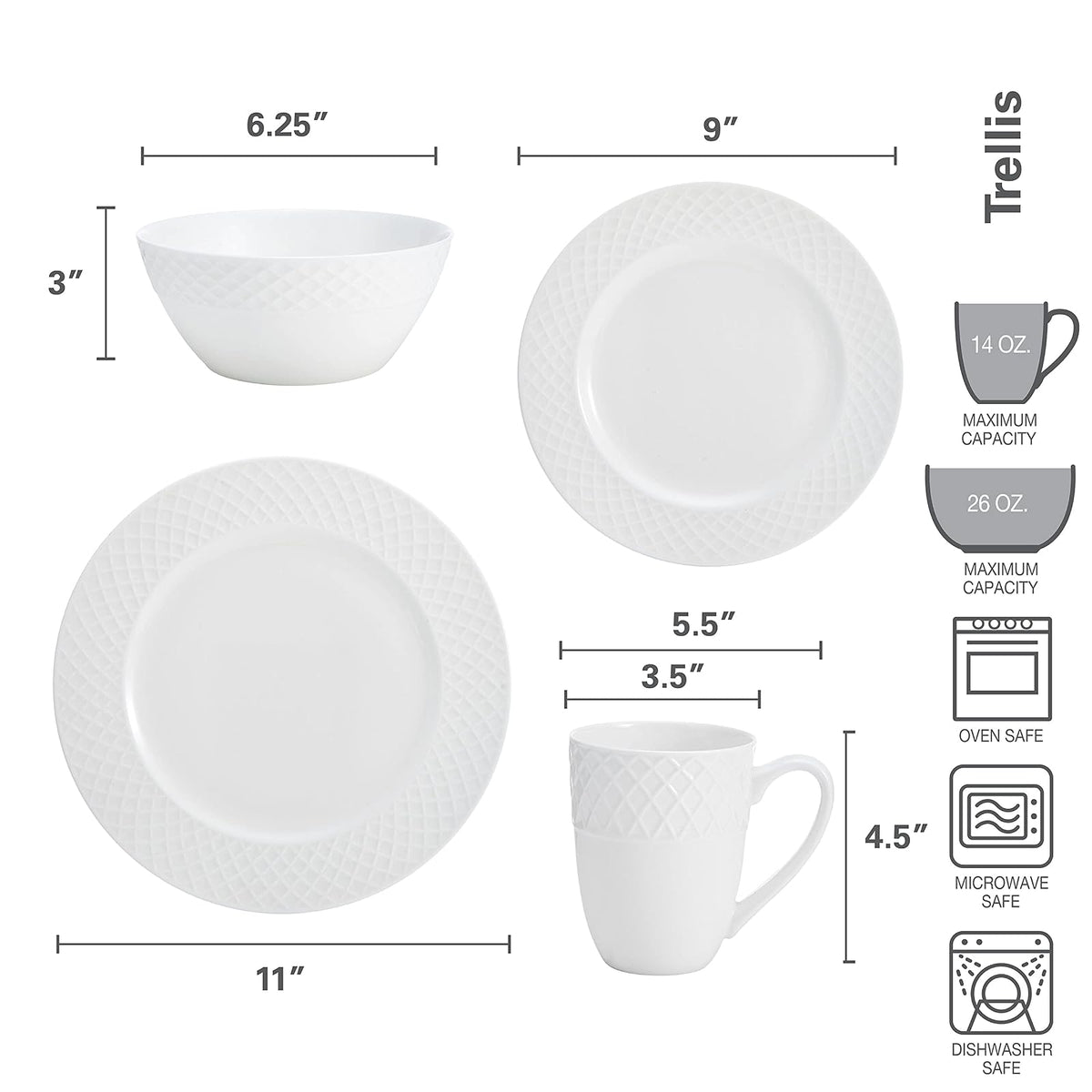 Mikasa Trellis - Juego de vajilla de 16 piezas, servicio para 4, color blanco