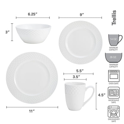 Mikasa Trellis - Juego de vajilla de 16 piezas, servicio para 4, color blanco
