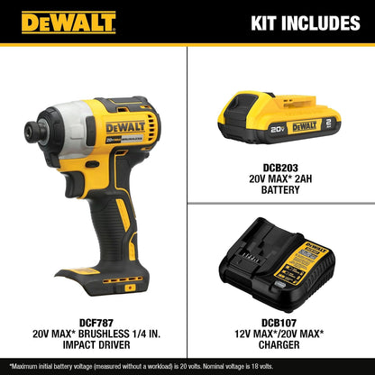 DEWALT driver de impacto de 20 V máximo, 1/4 pulgadas, batería y cargador incluidos (DCF787D1)