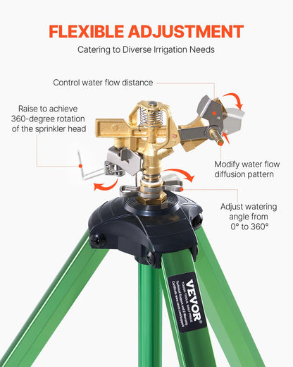 VEVOR Aspersores de Impacto con trípode, Paquete de 2, Cabezal latón 360° | Para céspedes, jardines y patios grandes, dos aspersores trípode de alta resistencia con altura ajustable y amplia cobertura.