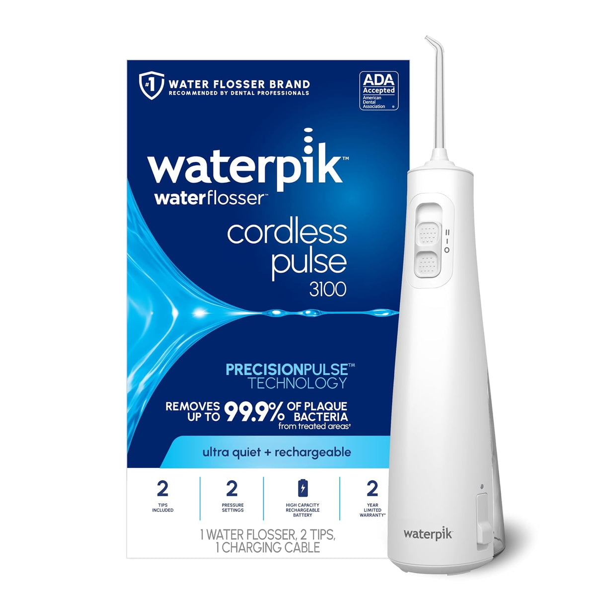 Waterpik - Hilo dental inalámbrico recargable de pulso portátil para dientes, encías, aparatos ortopédicos para el cuidado y viajes con 2 puntas de hilo dental, impermeable, aceptado ADA, WF-20 blanco