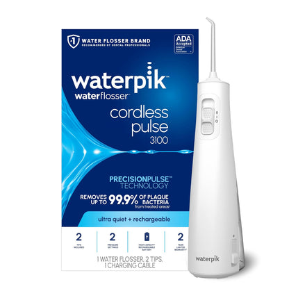 Waterpik - Hilo dental inalámbrico recargable de pulso portátil para dientes, encías, aparatos ortopédicos para el cuidado y viajes con 2 puntas de hilo dental, impermeable, aceptado ADA, WF-20 blanco