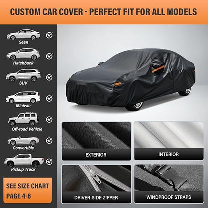 Kayme Funda para Auto, Cubre Automóviles Exterior Impermeable Transpirable Anti-UV Antipolvo de 7 Capas, Cubierta para Automóvil con Cremallera y Forro de Algodón Tira Reflectante para Sedán (470 a 490 cm)