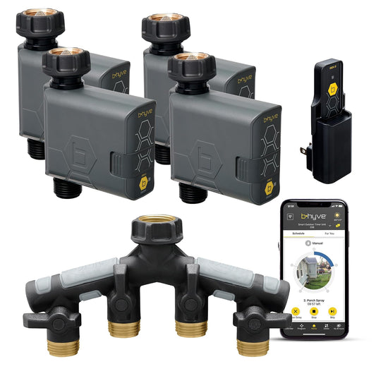 Orbit 21207 B-hyve Gen 2 - Temporizador Inteligente de riego de Manguera, Paquete de 4 con cubeta Wi-Fi y Divisor en Y de Manguera