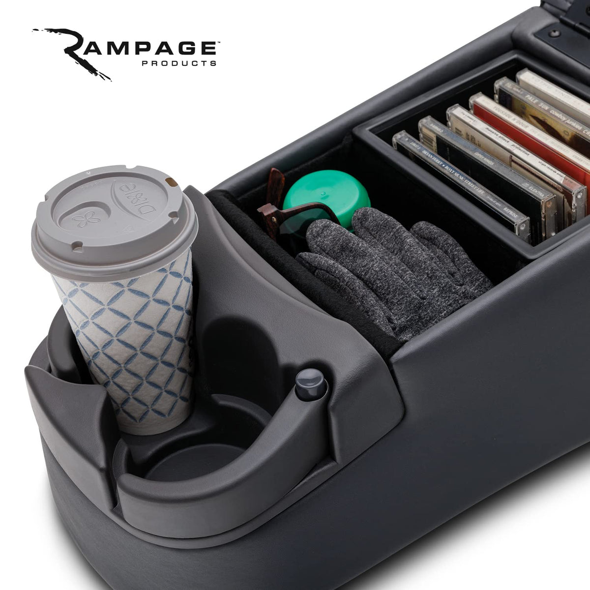 RAMPAGE PRODUCTS - Consola de asiento de banco Rampage 39223, color carbón, 16.5 pulgadas x 8.5 pulgadas x 9 pulgadas Consola de asiento de banco