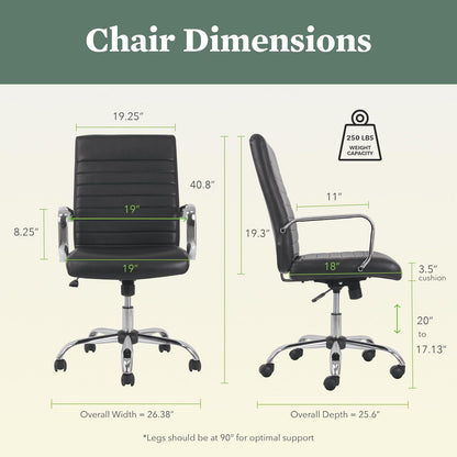 HON Sadie Executive Computer Chair- Fixed Arm for Office Desk, Black Leather with Chrome Accents (HVST511)