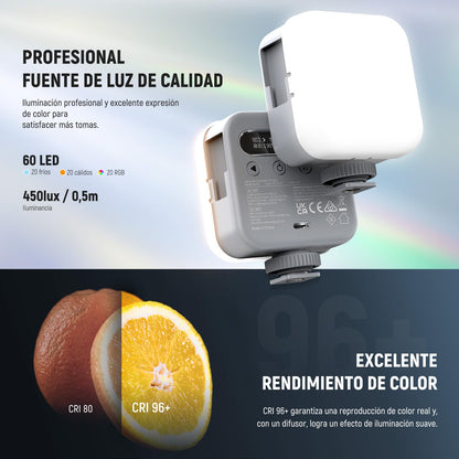 NEEWER Básico Luz Vídeo RGB Magnética Mini Luz Cámara 360° Todo Color CRI96+ 2500-9000K 18 Escenas 3 Zapatos Fría y 1/4" 2000mAh Portátil Recargable para Selfie/Trípode Fotografía Iluminación, BL60C