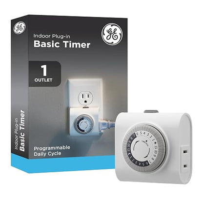 GE Temporizador básico de interior de 24 horas, 1 salida polarizada, enchufe, ciclo de encendido / apagado diario, paquete de 1, mini gris / blanco