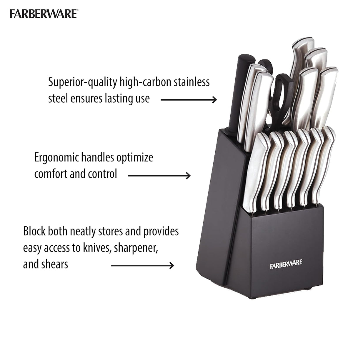 Farberware Juego de cuchillos de acero inoxidable con bloque para almacenamiento, 15 piezas