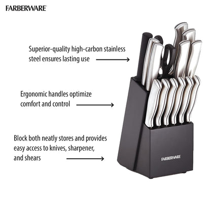Farberware Juego de cuchillos de acero inoxidable con bloque para almacenamiento, 15 piezas
