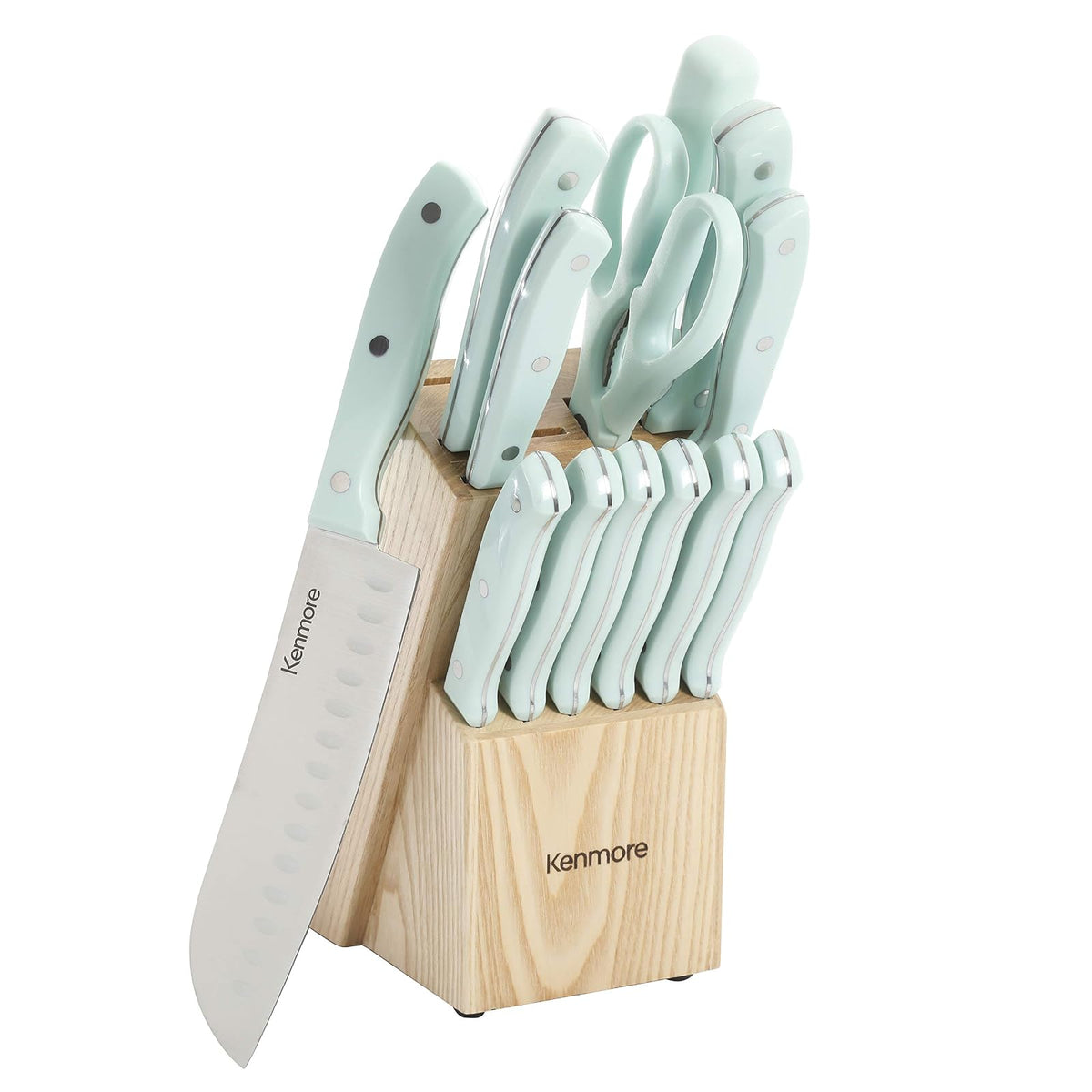 Kenmore Kane Juego de Cuchillos Triple Remachado 14 Piezas | Azul Glaciar, acero inoxidable, bloque de madera, incluye afilador