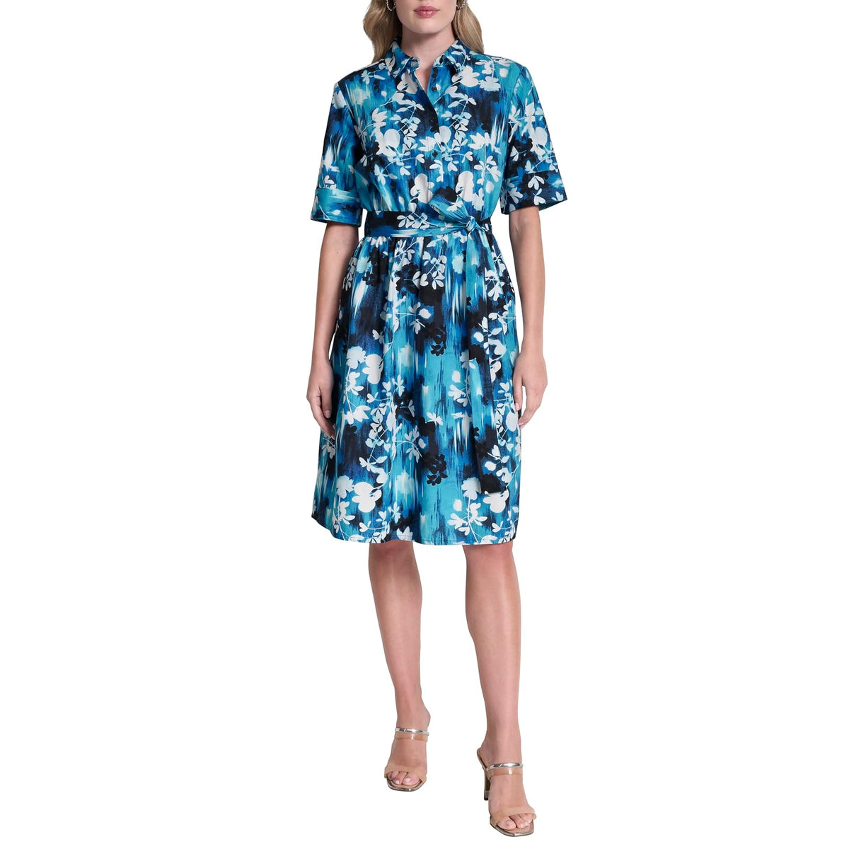 DKNY 3/4 Sleeve Collared Neck Cotton Poplin Shirt Dress Vestido Mujer