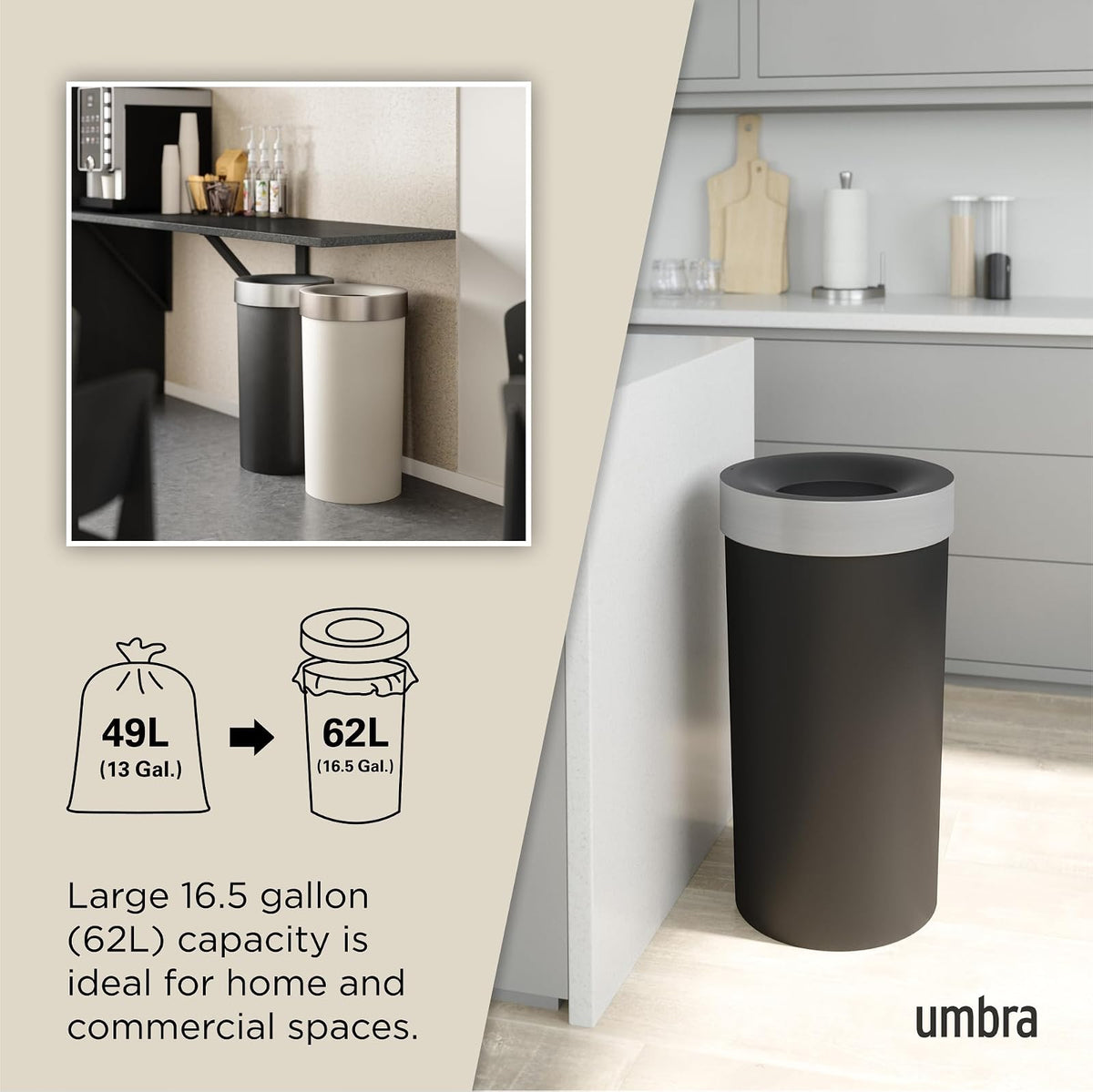 Umbra Vento Bote de basura con capacidad de 62L, Negro/Níquel