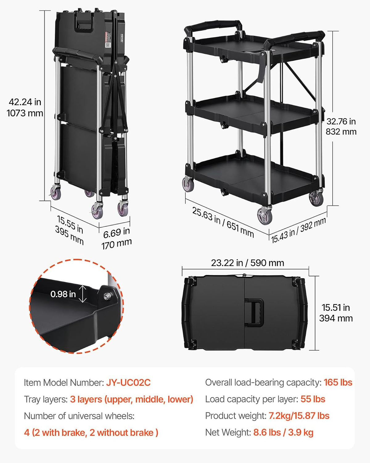VEVOR Foldable Utility Service Cart, 3 Shelf 165LBS Heavy Duty Plastic Rolling Cart with Lockable Wheels, Ergonomic Handle, Portable Garage Tool Cart for Warehouse/Office/Home(25.62"x15.43"x32.76")