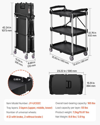 VEVOR Foldable Utility Service Cart, 3 Shelf 165LBS Heavy Duty Plastic Rolling Cart with Lockable Wheels, Ergonomic Handle, Portable Garage Tool Cart for Warehouse/Office/Home(25.62"x15.43"x32.76")