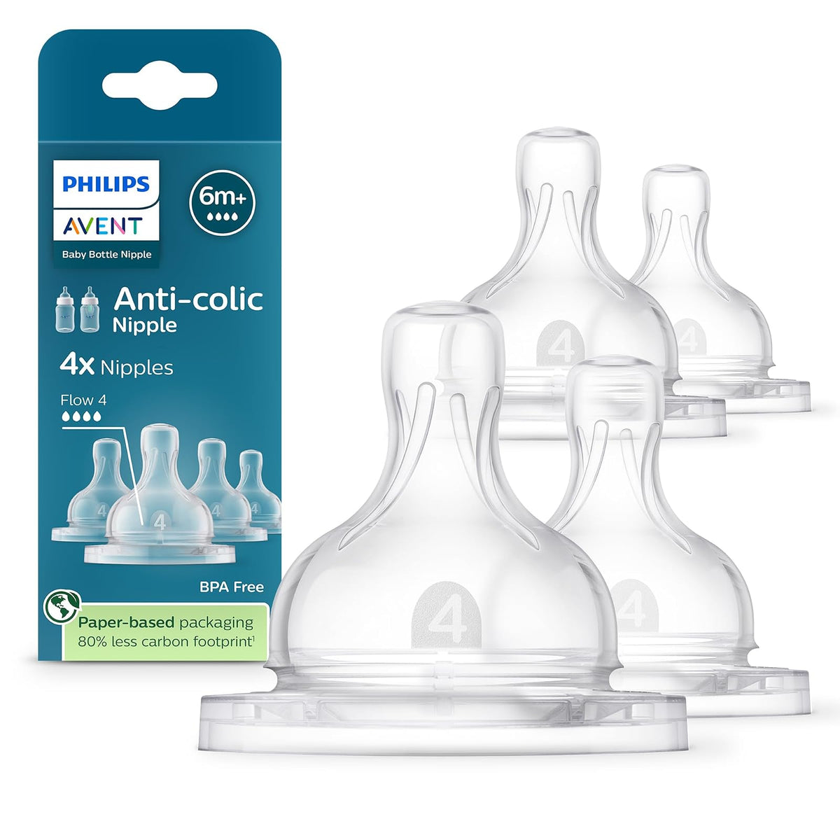 Philips Avent Tetina Anti-colic Clínicamente Comprobado Flujo 4 - Rápdio | Alimentación ininterrumpida| Válvula anticólicos | Textura acanalada que evita colapsos | Flujo 4 Rápido | 4 pz | SCY764/44