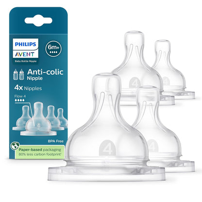 Philips Avent Tetina Anti-colic Clínicamente Comprobado Flujo 4 - Rápdio | Alimentación ininterrumpida| Válvula anticólicos | Textura acanalada que evita colapsos | Flujo 4 Rápido | 4 pz | SCY764/44
