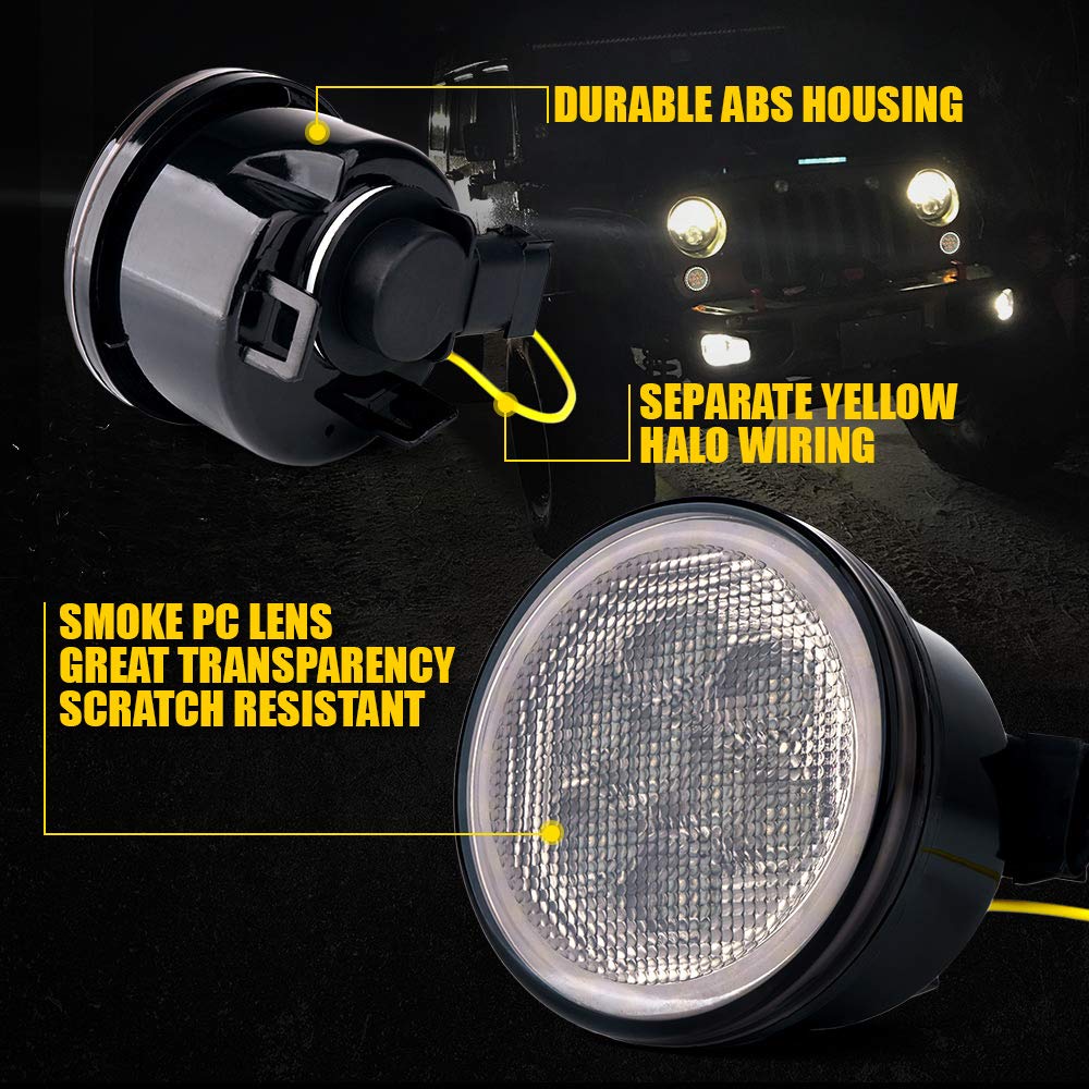 Xprite LED Smoke Lens Turn Signal Lights with Halo DRL and Parking Function & Front Fender Side Marker Amber Light Assembly Replacement Combo for 2007-2018 Jeep Wrangler JK & Wrangler Unlimited
