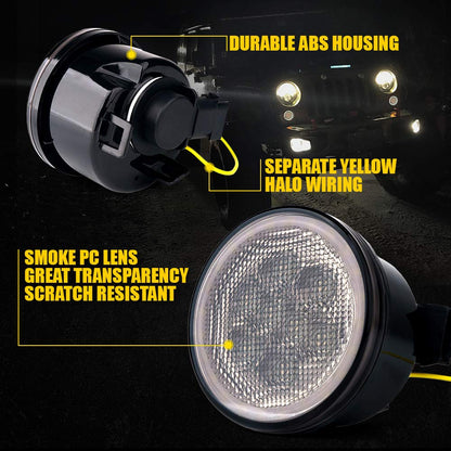 Xprite LED Smoke Lens Turn Signal Lights with Halo DRL and Parking Function & Front Fender Side Marker Amber Light Assembly Replacement Combo for 2007-2018 Jeep Wrangler JK & Wrangler Unlimited
