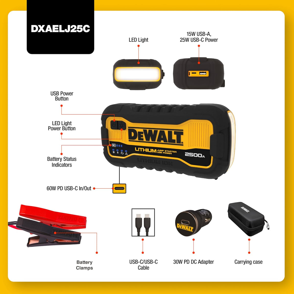 DEWALT DXAELJ25C - Arrancador de Salto (2500 amperios) | Batería de litio, banco de energía USB, estuche de transporte