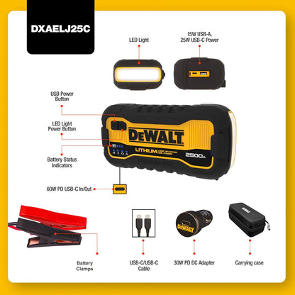 DEWALT DXAELJ25C - Arrancador de Salto (2500 amperios) | Batería de litio, banco de energía USB, estuche de transporte