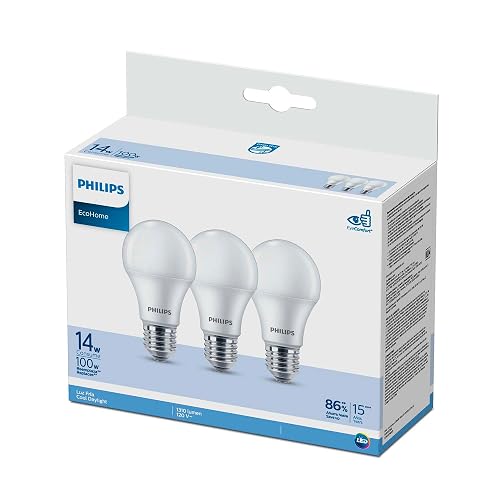 Philips LED Focos 3 Pack EcoHome Luz Fría 14W, Iluminación Eficiente, Ahorro de Energía, Larga Duración, Luz Blanca Uniforme, Uso en Hogar u Oficina, Instalación Sencilla