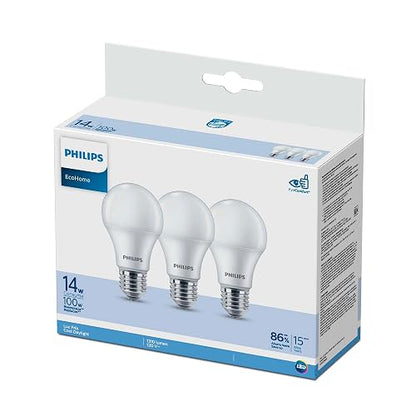 Philips LED Focos 3 Pack EcoHome Luz Fría 14W, Iluminación Eficiente, Ahorro de Energía, Larga Duración, Luz Blanca Uniforme, Uso en Hogar u Oficina, Instalación Sencilla