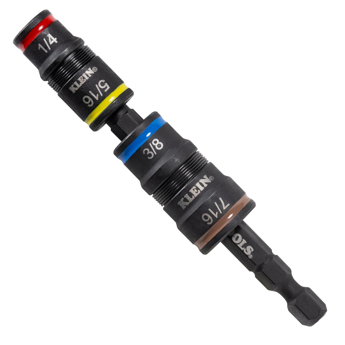 Klein Tools 32932 - Juego de llaves de impacto SAE 5 en 1, 2 enchufes giratorios con tamaños de destornillador de tuerca de 1/4, 5/16, 3/8, 7/16 y soporte de brocas de 1/4 pulgadas, con clasificación - 5 en 1