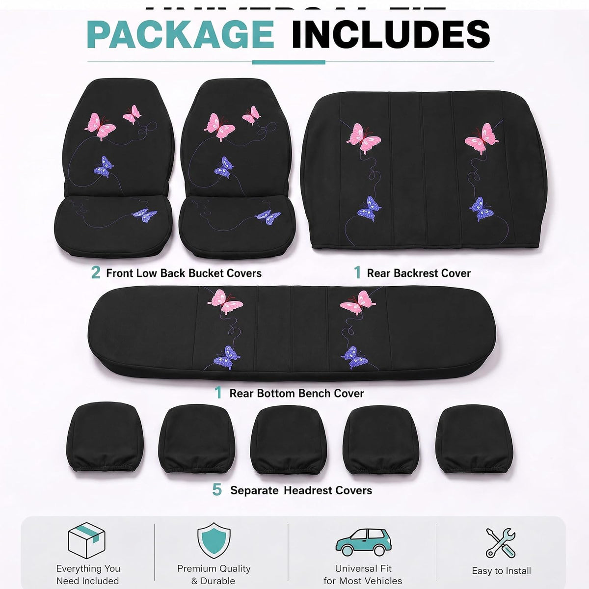 FH GROUP FB055114 Black Butterfly Embroidery Car Seat Cover (Full Set)