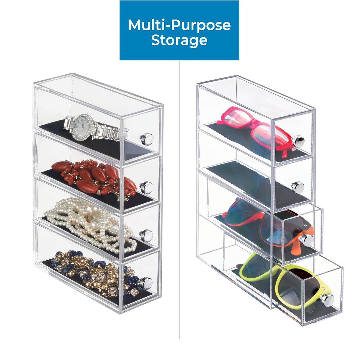 InterDesign Clarity - Jewelry organizer, with 4 drawers for watches, necklaces, rings, etc, anti-scratch, Plastic, Transparent
