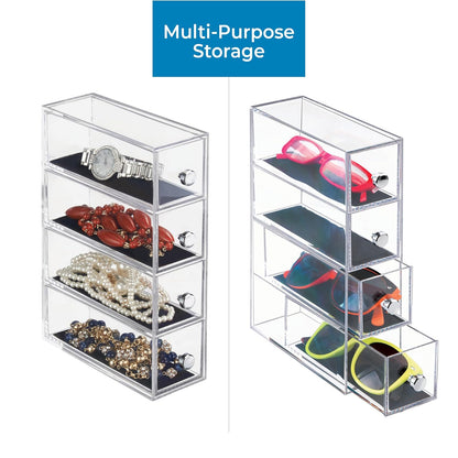 InterDesign Clarity - Jewelry organizer, with 4 drawers for watches, necklaces, rings, etc, anti-scratch, Plastic, Transparent