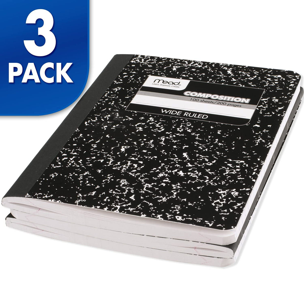 Mead - Cuaderno Cuadrado, 100 Hojas, Rayado Universitario, Negro, Paquete De 3