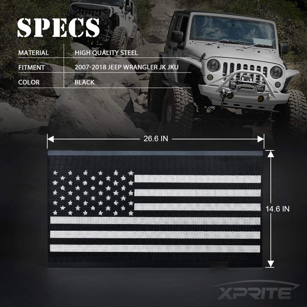 Xprite - Rejilla de aleación de aluminio con bandera de Estados Unidos en blanco y negro compatible con Jeep Wrangler JK Stock Grille 2007-2018