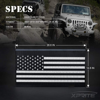 Xprite - Rejilla de aleación de aluminio con bandera de Estados Unidos en blanco y negro compatible con Jeep Wrangler JK Stock Grille 2007-2018