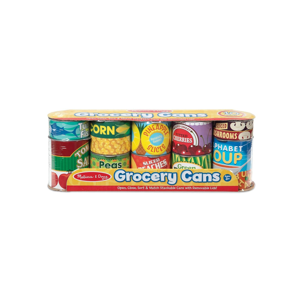 Melissa & Doug ¡Juguemos de Casita! Set de Alimentos Enlatados, Juego de Imitación, Tapas Abatibles, Construcción de Cartón Resistente (10 Latas)