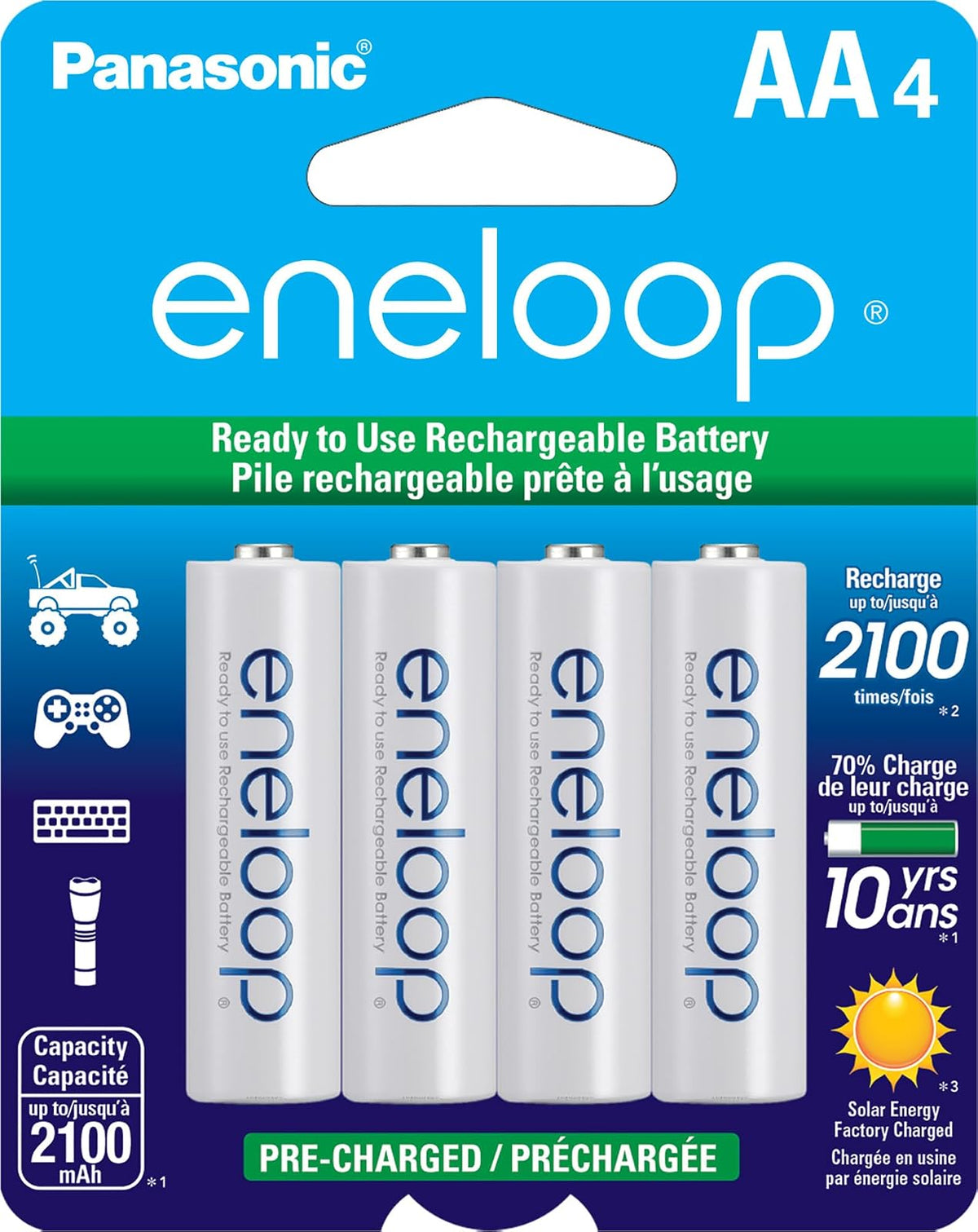 Eneloop Pilas AA Recargables Ni-MH, Paquete Múltiple - AA - 4 Count (Pack of 1) - con cargador estándar