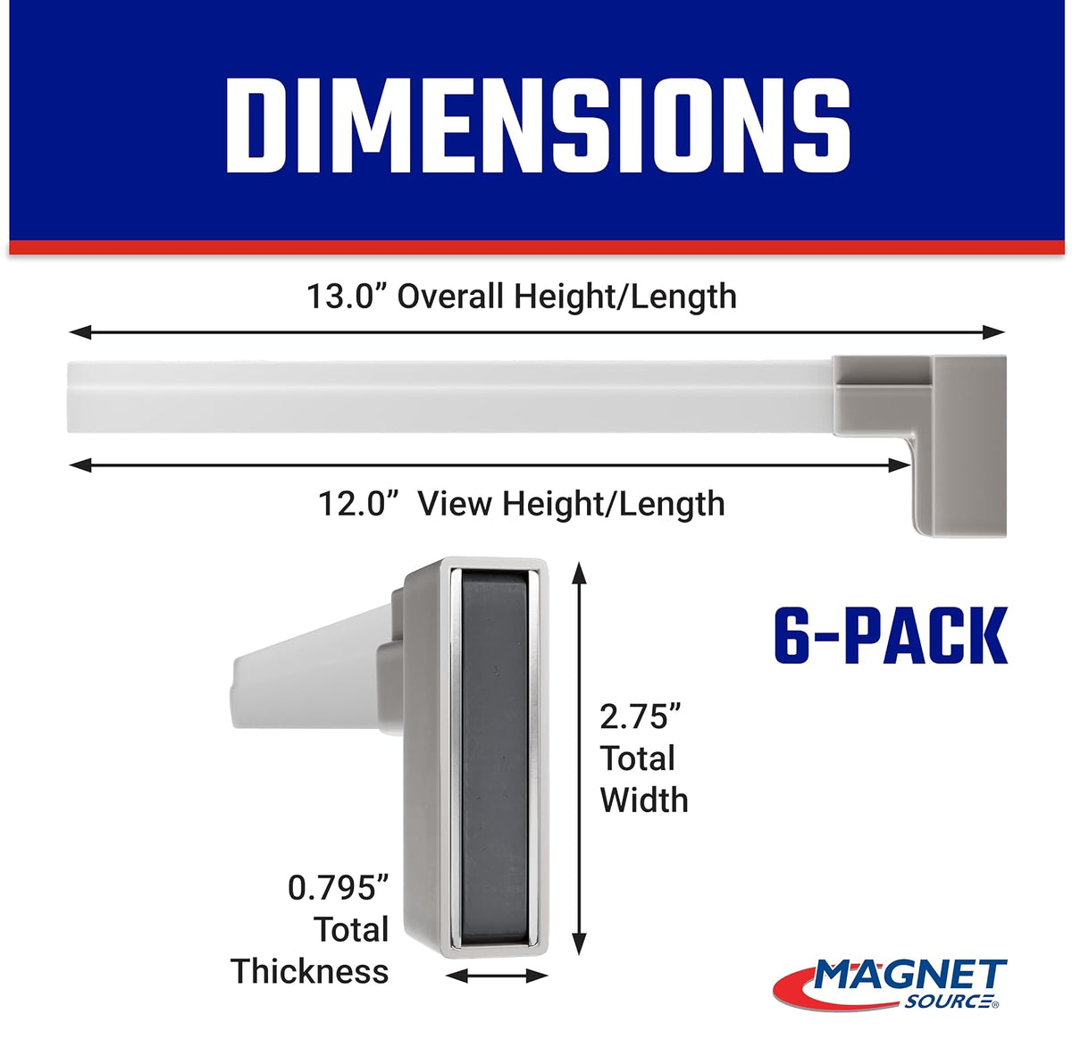 Master Magnetics MSHL03X6 Magnetic Sign Holder for 12" Sign, 90 Degree Magnetic Base with Acrylic Strip, 2.28" L, 0.79" W, 14.8" Overall, Clear, White (Pack of 6)
