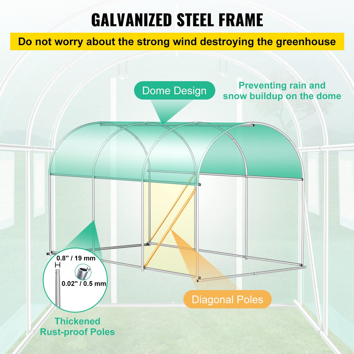 VEVOR - Invernadero de túnel para Uso en casa, 10 x 7 x 7 pies con Puerta con Cierre, 6 Ventanas enrollables, Aros de Acero galvanizado, 1 viga Superior y 2 Postes diagonales, Verde 10 x 7 x 7