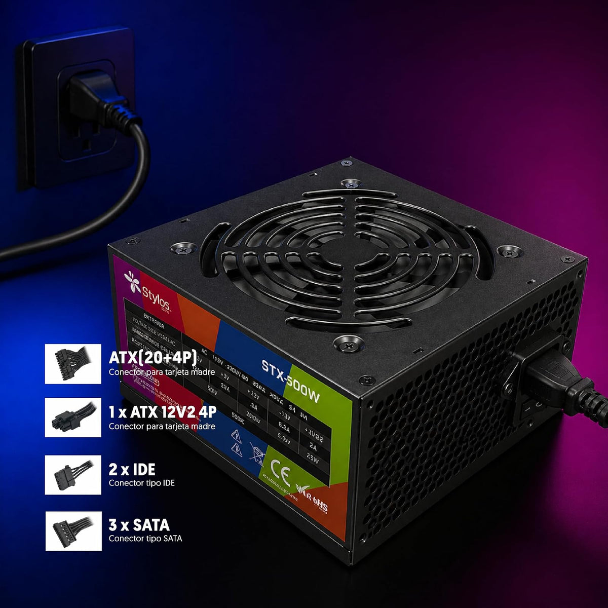 Fuente de Poder 500W No Modular para Equipos ATX Stylos Tech